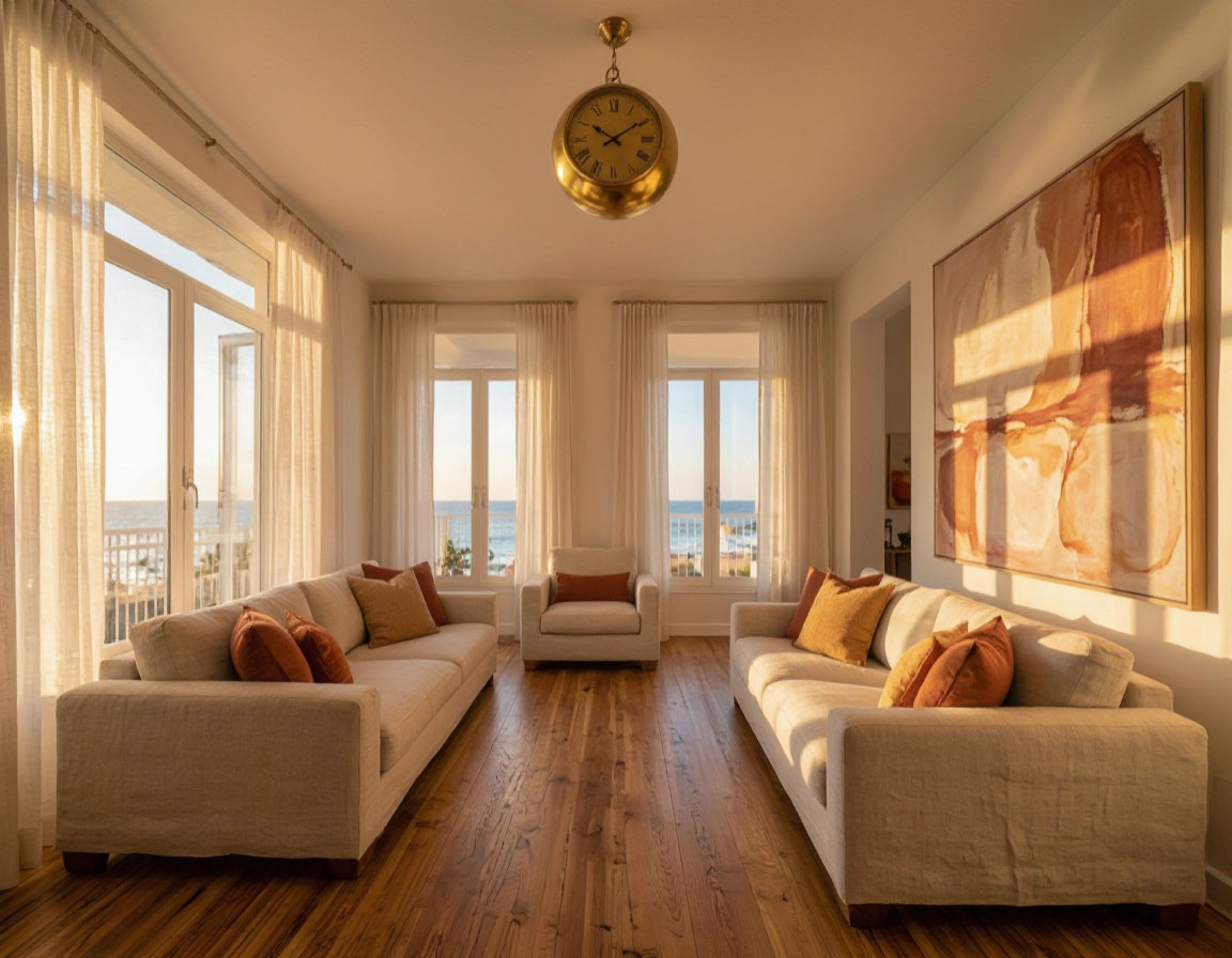 Serene coastal living room with warm neutral tones